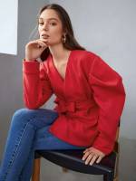 Plain Regular Red Women Outerwear 697