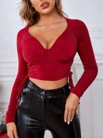 Deep V Neck Drawstring Red Slim Fit Women Tops, Blouses  Tee 2152