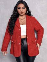 Plaid Elegant Red Fake Pockets Plus Size Suits 3046