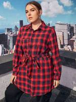 Collar Plaid Long Sleeve Red Plus Size Tops 392