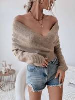 Off the Shoulder Long Sleeve Wrap Regular Women Sweaters 7974