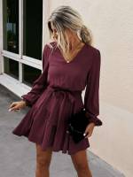 V neck Long Sleeve Regular Fit Short Women Dresses 4821