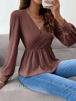 Long Sleeve Casual Regular Fit Ruffle Hem Women Tops, Blouses  Tee 148