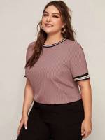 Round Neck Rib-Knit Short Sleeve Redwood Women Plus Clothing 5784