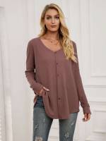 Casual V neck Button Front Long Sleeve Women Tops, Blouses  Tee 4418