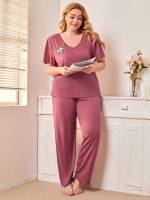  V neck Rose Red Plus Size Pajama Sets 8752