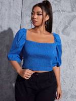 Slim Fit Half Sleeve Royal Blue Boho Plus Size Tops 1479