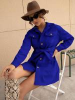 Short Royal Blue Lapel Women Outerwear 785