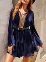 Tribal Embroidery Long Sleeve Royal Blue Women Dresses 4178