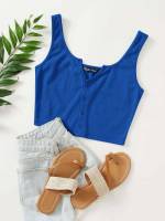 Crop Notched Button Front Women Tank Tops  Camis 422