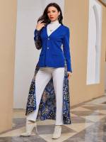  Button Front Royal Blue Scarf Print Women Suits 5231