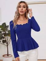 Royal Blue Long Sleeve Square Neck Slim Fit Women Blouses 2549