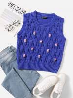 Regular Fit Royal Blue Round Neck Crop Women Sweater Vests 6071