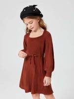 Knee Length Plain Belted Dressy Girls Sweater Dresses 2797