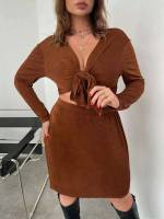 Long Sleeve Tie Front Deep V Neck Plus Size Co-Ords 2852