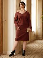 Casual V neck Rust Brown Long Sleeve Women Plus Clothing 5568