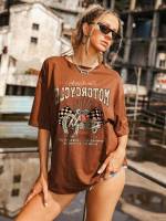 Long Graphic Round Neck Casual Women T-Shirts 1013