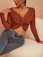 Rust Brown Long Sleeve Plain Women Tops, Blouses  Tee 9721