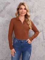 Long Sleeve Casual Rust Brown Women Tops, Blouses  Tee 72