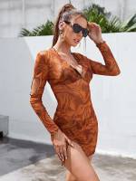  Deep V Neck Rust Brown Marble Women Dresses 4541