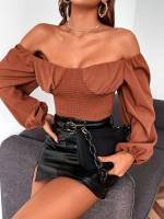 Off the Shoulder Plain Rust Brown Slim Fit Women Blouses 165