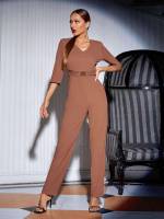 Elegant V neck Plain Three Quarter Length Sleeve Women Jumpsuits 768