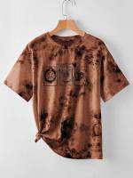 Rust Brown Round Neck Tie Dye Regular Fit Women Tops, Blouses  Tee 134