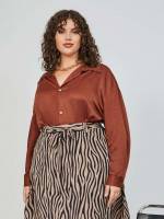 Long Sleeve Rust Brown Regular Fit Button Front Plus Size Tops 4500