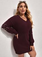  Casual Rust Brown V neck Plus Size Knitwear 363