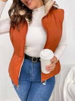 Rust Brown Plain Sleeveless Collar Plus Size Outerwears 4745