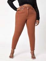 Plain Rust Brown Button Plus Size Jeans 7761