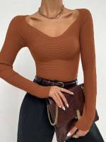 Long Sleeve Rust Brown Rib-Knit Casual Women Sweaters 5592