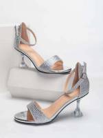 Plain Rhinestone Silver Women Heeled Sandals 5122