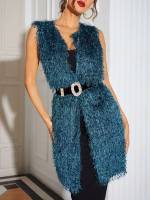 Plain Sleeveless Short V neck Women Faux Fur Coats 2000