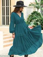 Ruffle Hem Long Sleeve Plain Women Dresses 5146