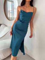 Midi Teal Blue Plain Women Dresses 366