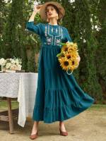 Floral Vintage Teal Blue Women Dresses 6701