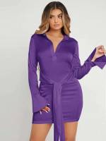 Notched Belted Long Sleeve Women Dresses 38