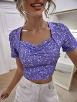 Violet Purple Short Sleeve Rib-Knit Women Clothing 8810