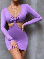 Violet Purple Deep V Neck Mini Plain Women Dresses 631