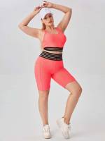  Criss Cross Striped Watermelon Pink Plus Size Sports Sets 9490