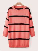 Striped Short Casual Watermelon Pink Women Plus Clothing 5993