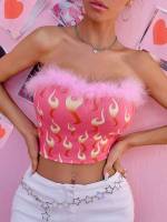  Watermelon Pink Crop Contrast Faux Fur Women Clothing 406