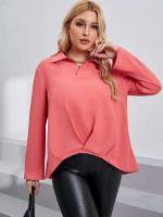 Regular Fit High Low Collar Watermelon Pink Women Plus Clothing 4593