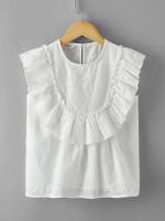 Regular White Ruffle Round Neck Girls Clothing 98