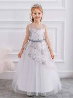 White Floral Glamorous Embroidery Girls Partywear 834