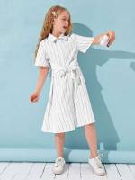 Regular Fit Striped Collar Casual Girls Dresses 753