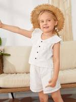 Plain White Sleeveless V neck Toddler Girl Two-piece Outfits 9444