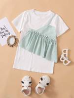 Short Sleeve Regular Fit Round Neck Preppy Toddler Girl Dresses 2952