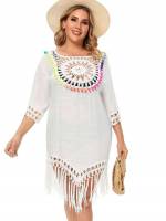  Scoop Neck White Fringe Women Plus Clothing 820